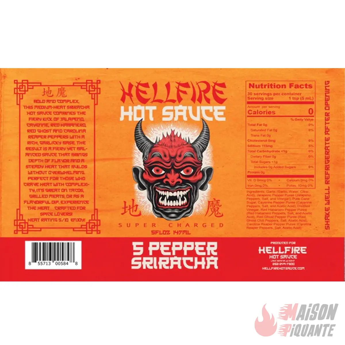 hellfire-sriracha-5-pepper-sauce-ail-et-piment-148ml image 2